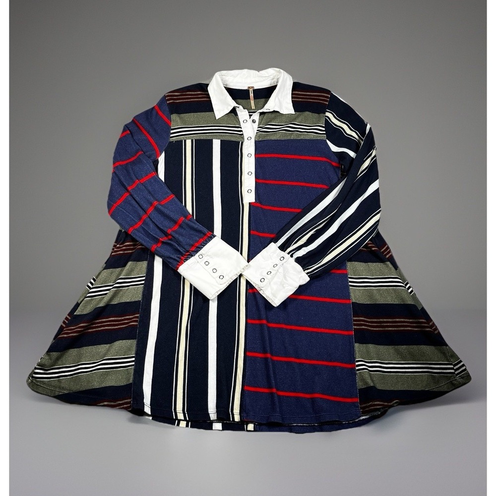 Free‎ People Collared Tunic Shirt Women S Cotton 1/4 Snap Patchwork Pockets